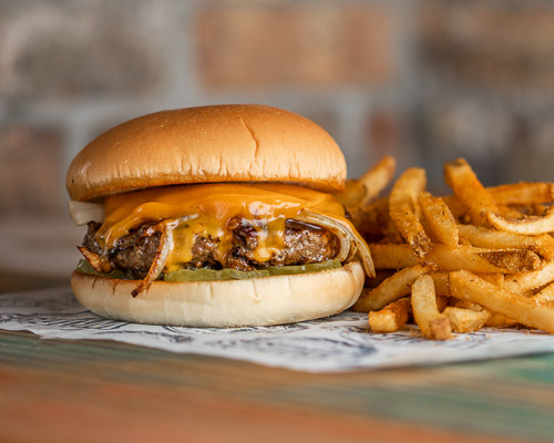 Hickory Cheddar Burger with fries